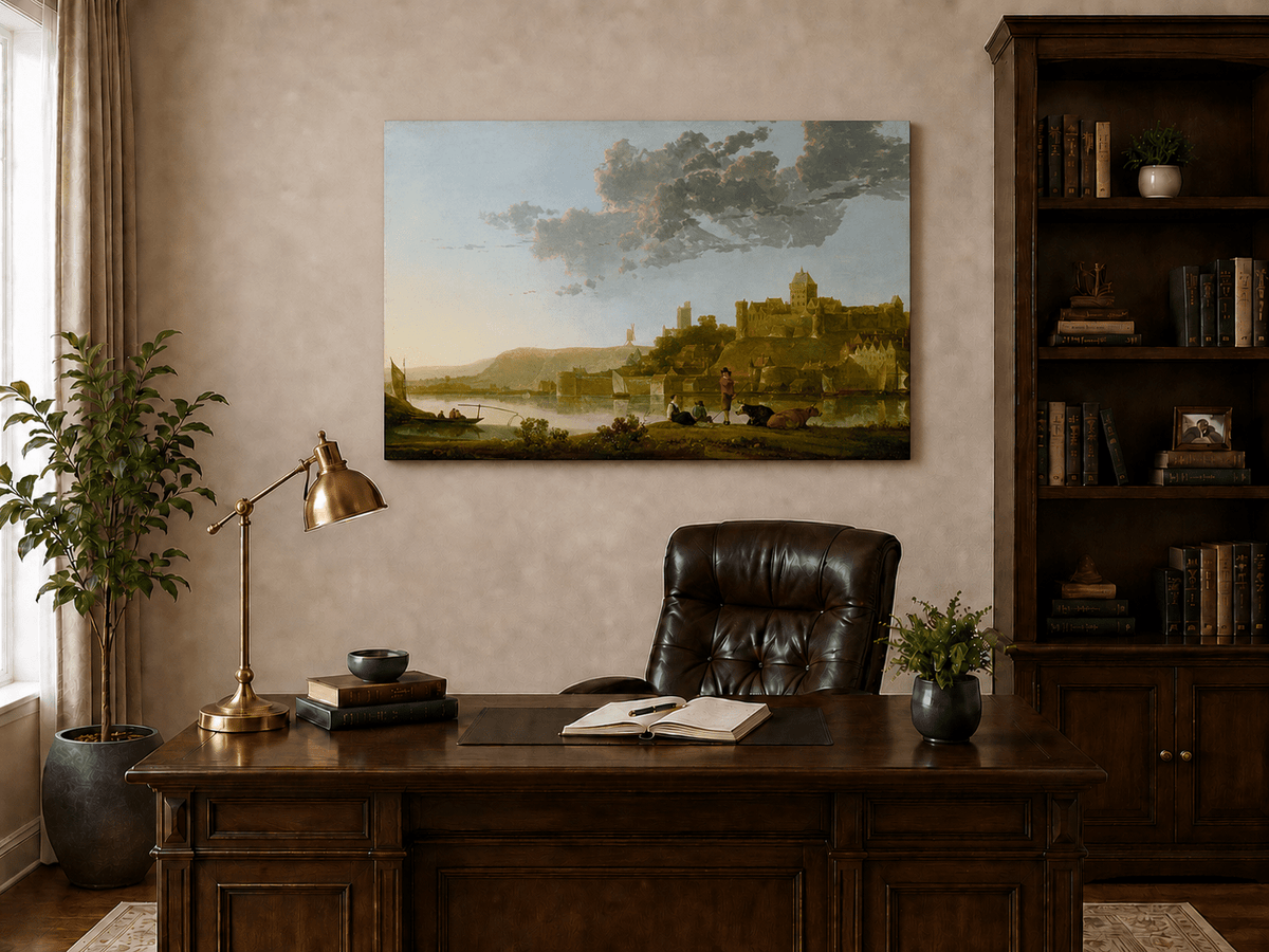 Unframed hand-painted riverside castle town oil painting with fishermen at sunset displayed above a traditional home office desk.