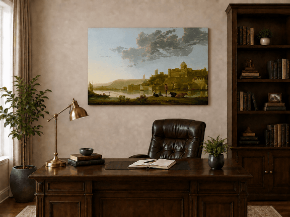 Unframed hand-painted riverside castle town oil painting with fishermen at sunset displayed above a traditional home office desk.