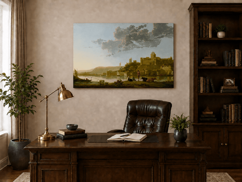 Unframed hand-painted riverside castle town oil painting with fishermen at sunset displayed above a traditional home office desk.