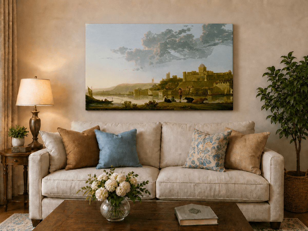 Unframed hand-painted riverside castle town oil painting with fishermen at sunset displayed above a neutral living room sofa.