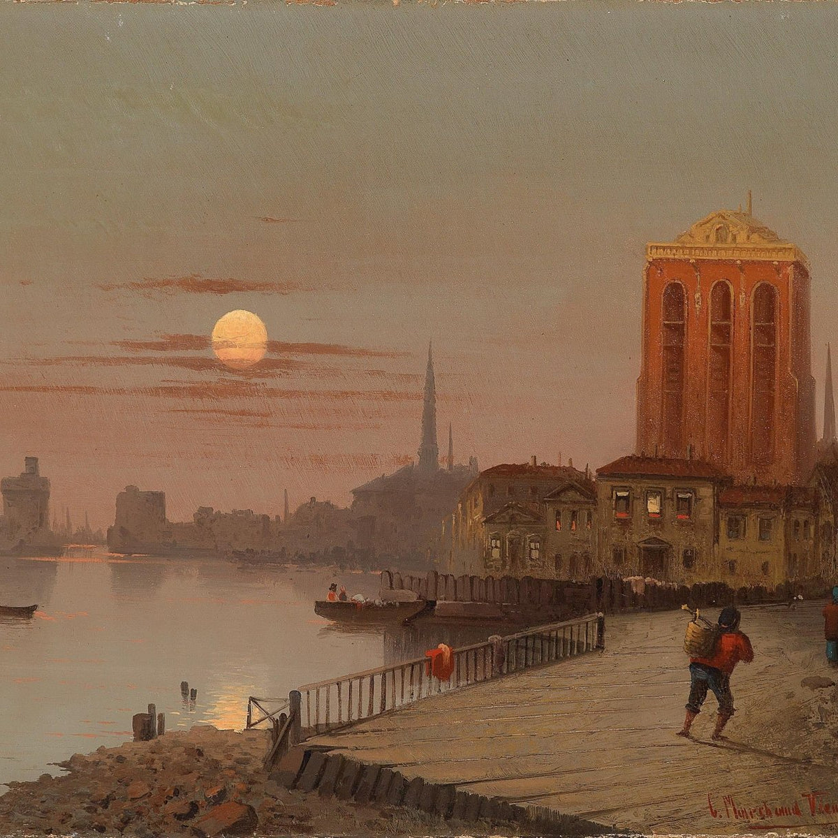 Riverside City at Sunset with Figures, Boats – Landscape Oil Painting - Oil Painting Haven