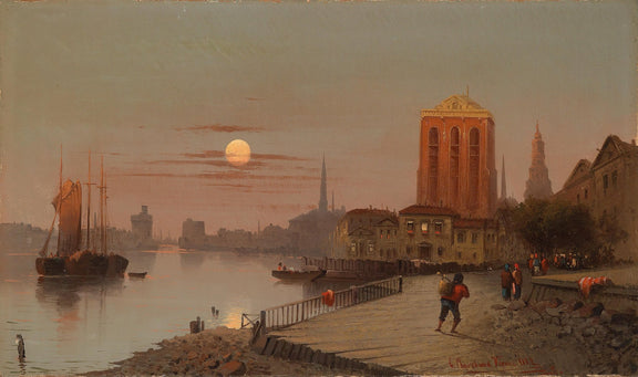 Riverside City at Sunset with Figures, Boats – Landscape Oil Painting - Oil Painting Haven