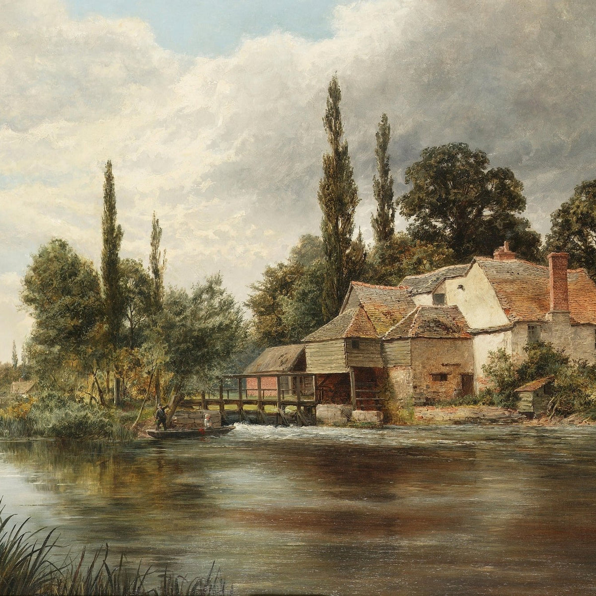 Riverside Cottage with Watermill - Landscape Oil Painting - Oil Painting Haven