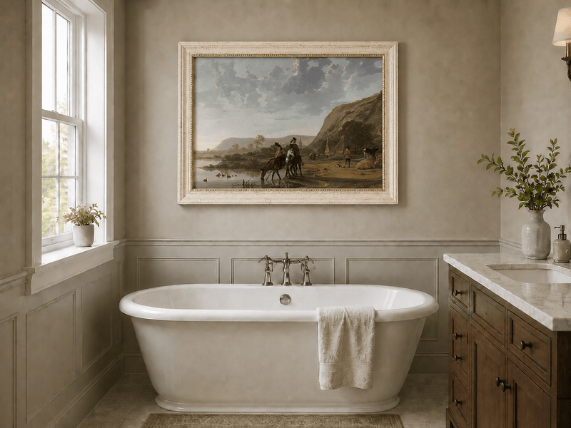 Framed hand-painted riverside landscape oil painting with figures and animals beneath rocky hills displayed above a freestanding bathtub.
