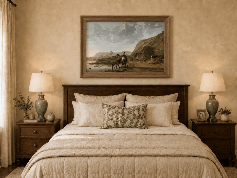 Framed hand-painted riverside landscape oil painting with figures and animals beneath rocky hills displayed above a wooden bed in a neutral bedroom.