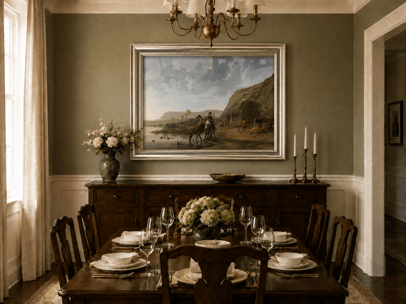 Framed hand-painted riverside landscape oil painting with figures and animals beneath rocky hills displayed above a formal dining table.