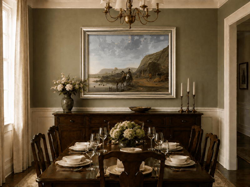 Framed hand-painted riverside landscape oil painting with figures and animals beneath rocky hills displayed above a formal dining table.