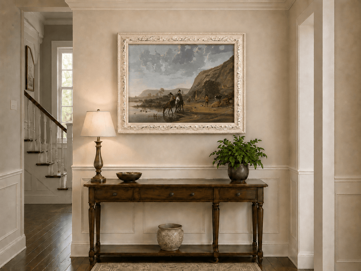 Framed hand-painted riverside landscape oil painting with figures and animals beneath rocky hills displayed above an entryway console table.