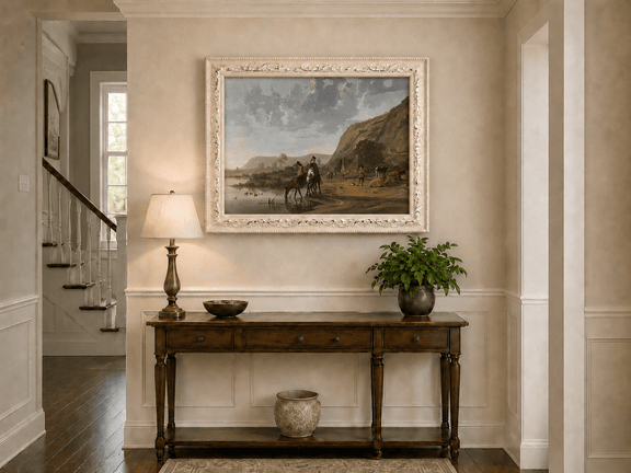 Framed hand-painted riverside landscape oil painting with figures and animals beneath rocky hills displayed above an entryway console table.