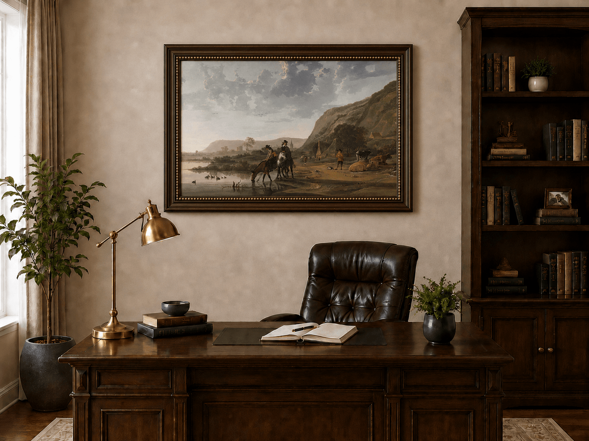 Framed hand-painted riverside landscape oil painting with figures and animals beneath rocky hills displayed above a traditional home office desk.