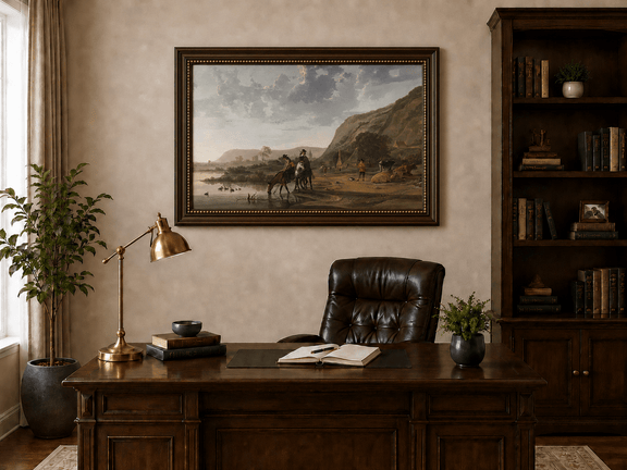 Framed hand-painted riverside landscape oil painting with figures and animals beneath rocky hills displayed above a traditional home office desk.