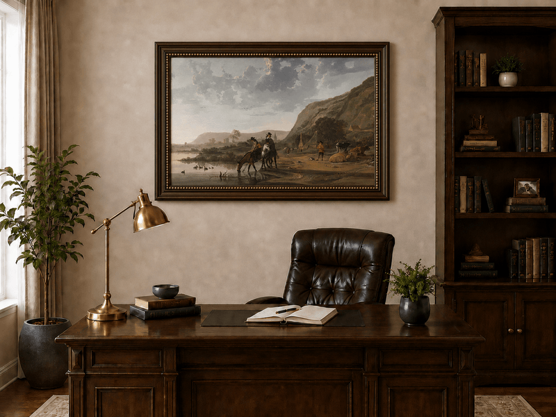 Framed hand-painted riverside landscape oil painting with figures and animals beneath rocky hills displayed above a traditional home office desk.