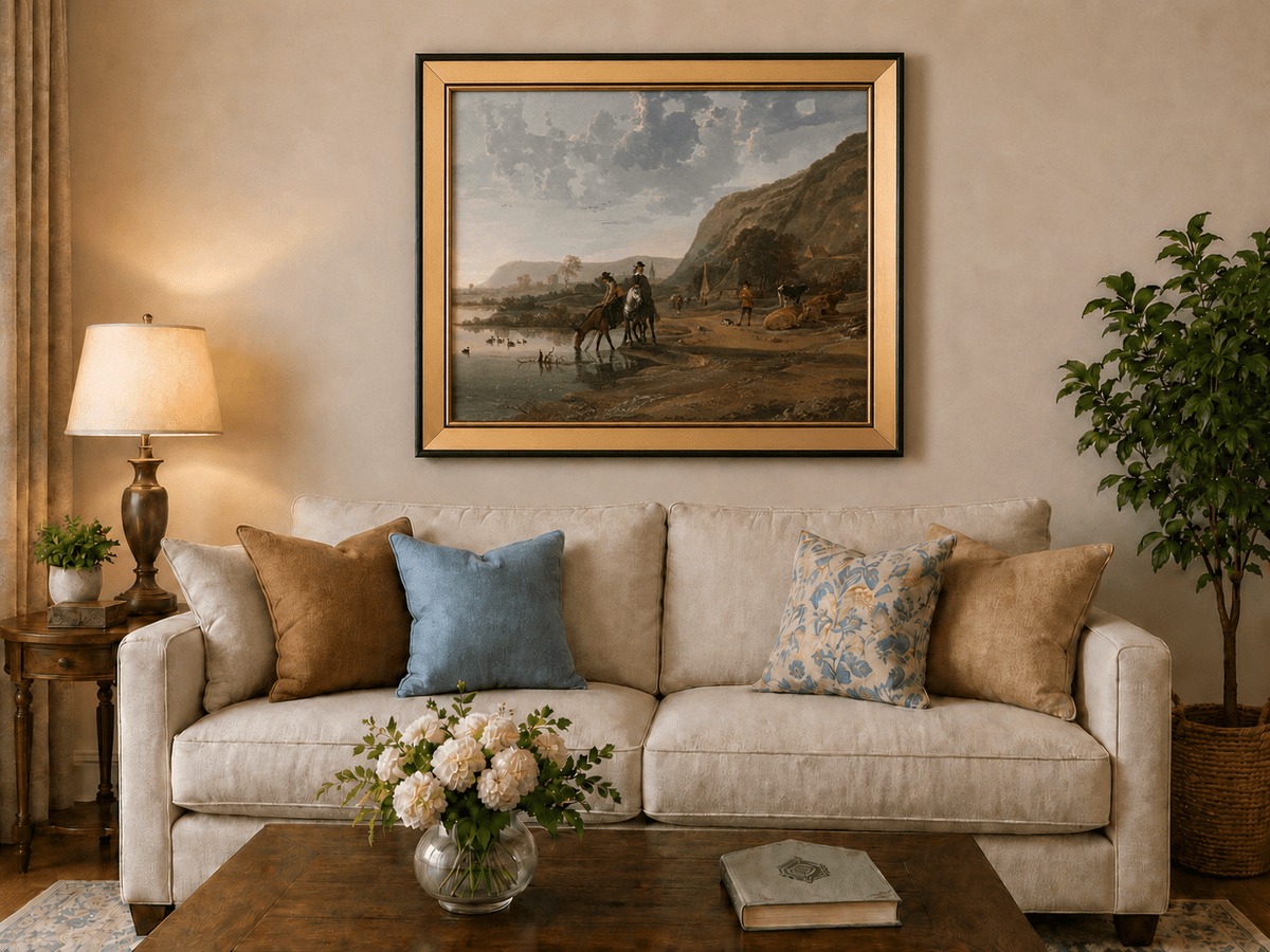 Framed hand-painted riverside landscape oil painting with figures and animals beneath rocky hills displayed above a neutral living room sofa.