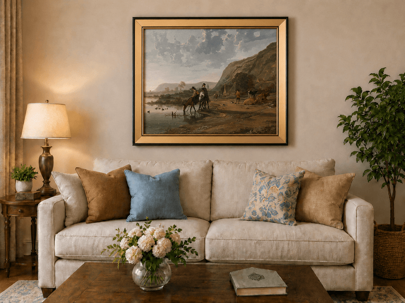 Framed hand-painted riverside landscape oil painting with figures and animals beneath rocky hills displayed above a neutral living room sofa.