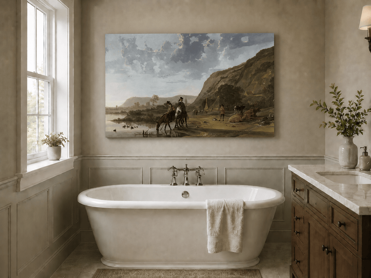 Unframed hand-painted riverside landscape oil painting with figures and animals beneath rocky hills displayed above a freestanding bathtub.