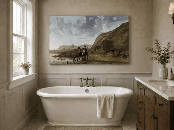 Unframed hand-painted riverside landscape oil painting with figures and animals beneath rocky hills displayed above a freestanding bathtub.