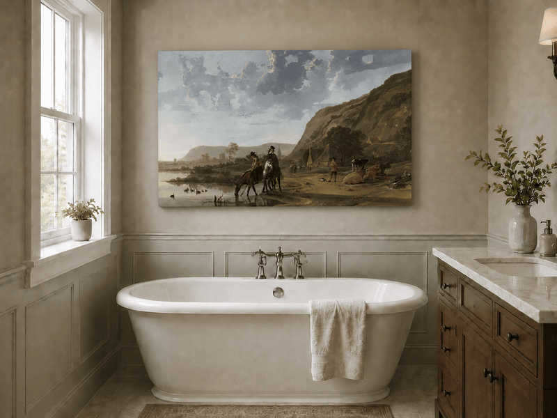 Unframed hand-painted riverside landscape oil painting with figures and animals beneath rocky hills displayed above a freestanding bathtub.