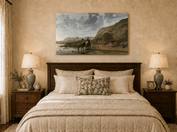 Unframed hand-painted riverside landscape oil painting with figures and animals beneath rocky hills displayed above a wooden bed in a neutral bedroom.