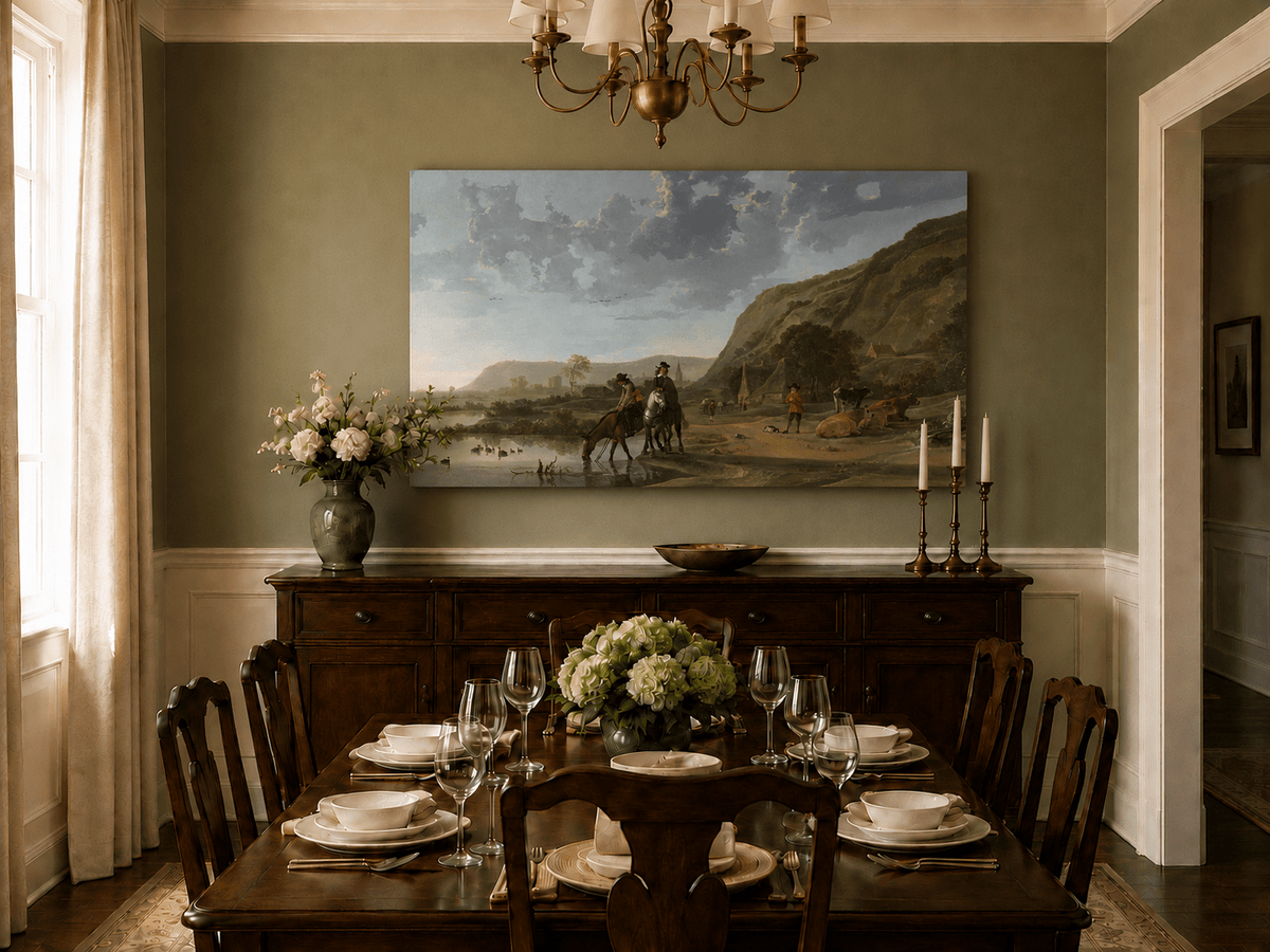 Unframed hand-painted riverside landscape oil painting with figures and animals beneath rocky hills displayed above a formal dining table.