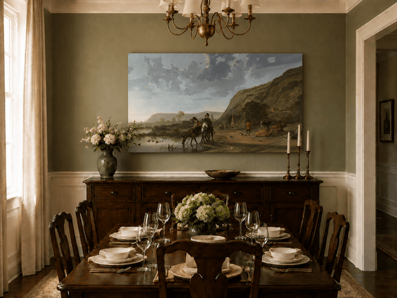 Unframed hand-painted riverside landscape oil painting with figures and animals beneath rocky hills displayed above a formal dining table.
