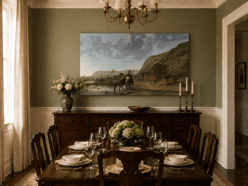 Unframed hand-painted riverside landscape oil painting with figures and animals beneath rocky hills displayed above a formal dining table.