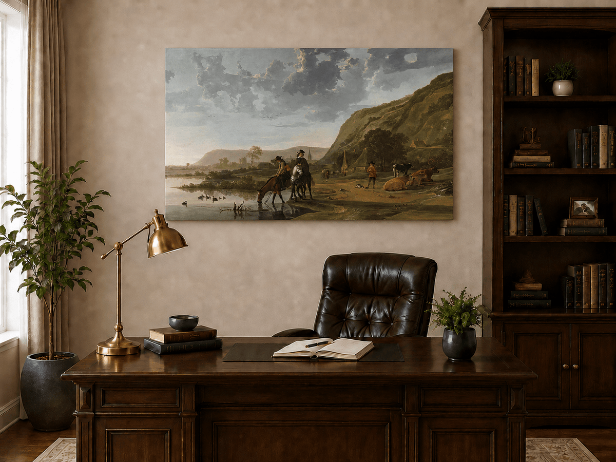 Unframed hand-painted riverside landscape oil painting with figures and animals beneath rocky hills displayed above a traditional home office desk.