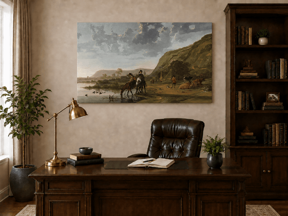 Unframed hand-painted riverside landscape oil painting with figures and animals beneath rocky hills displayed above a traditional home office desk.