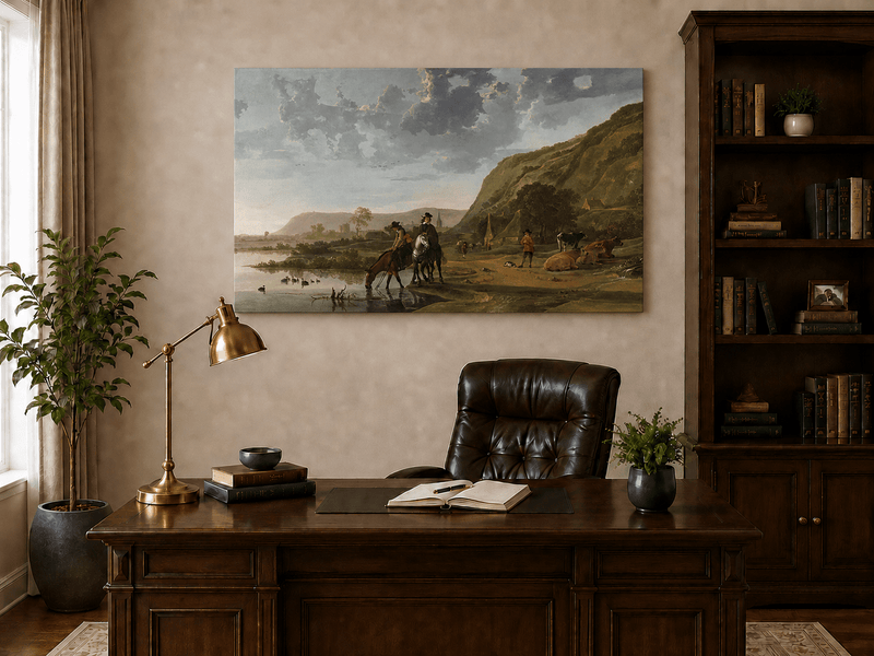 Unframed hand-painted riverside landscape oil painting with figures and animals beneath rocky hills displayed above a traditional home office desk.