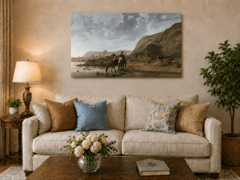 Unframed hand-painted riverside landscape oil painting with figures and animals beneath rocky hills displayed above a neutral living room sofa.