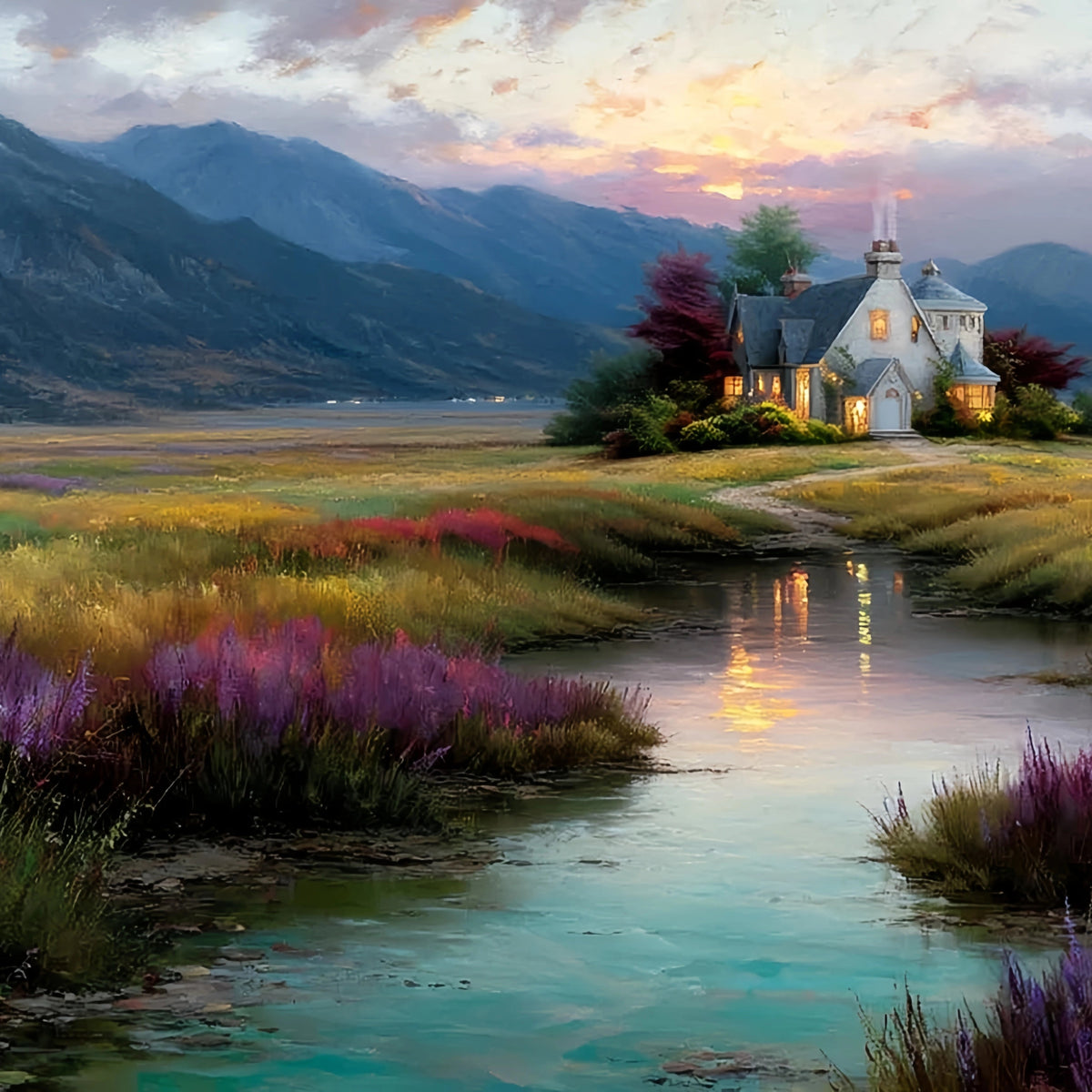 Riverside House Purple Fields Original Oil Painting For Sale - Oil Painting Haven