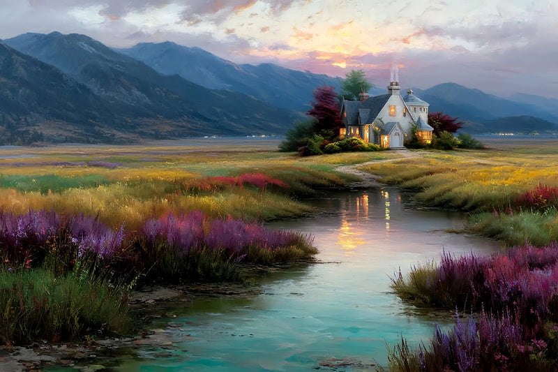 Riverside House Purple Fields Original Oil Painting For Sale - Oil Painting Haven