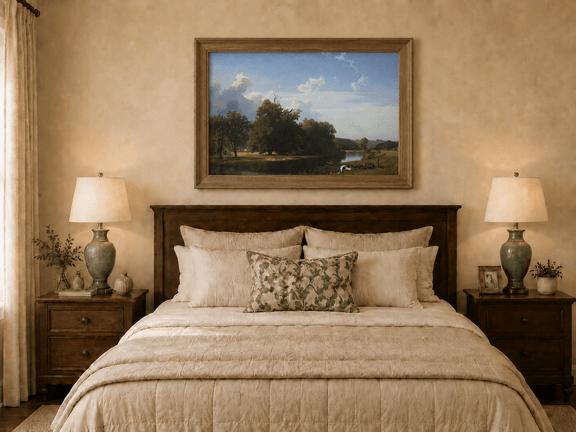 Framed hand-painted riverside oil painting with a large oak tree, boat and distant cottage displayed above a wooden bed in a neutral bedroom.
