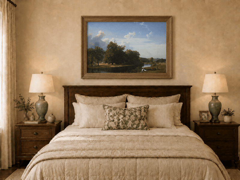 Framed hand-painted riverside oil painting with a large oak tree, boat and distant cottage displayed above a wooden bed in a neutral bedroom.