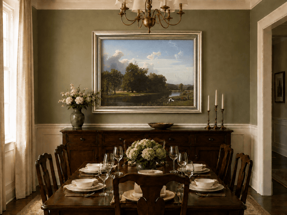 Framed hand-painted riverside oil painting with a large oak tree, boat and distant cottage displayed above a formal dining table.