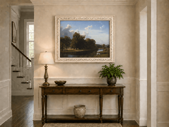 Framed hand-painted riverside oil painting with a large oak tree, boat and distant cottage displayed above an entryway console table.