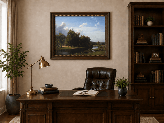 Framed hand-painted riverside oil painting with a large oak tree, boat and distant cottage displayed above a traditional home office desk.