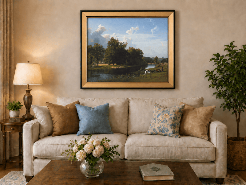 Framed hand-painted riverside oil painting with a large oak tree, boat and distant cottage displayed above a neutral living room sofa.
