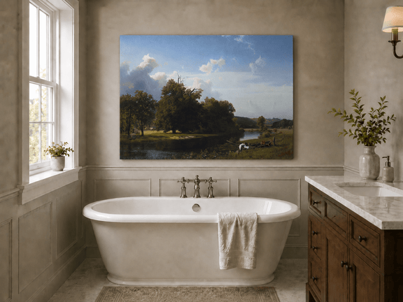 Unframed hand-painted riverside oil painting with a large oak tree, boat and distant cottage displayed above a freestanding bathtub.