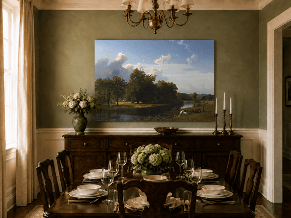 Unframed hand-painted riverside oil painting with a large oak tree, boat and distant cottage displayed above a formal dining table.
