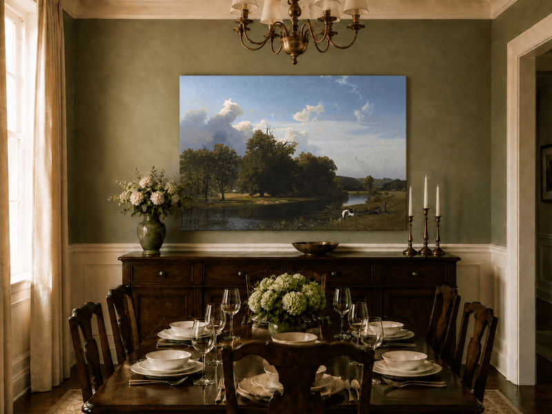 Unframed hand-painted riverside oil painting with a large oak tree, boat and distant cottage displayed above a formal dining table.