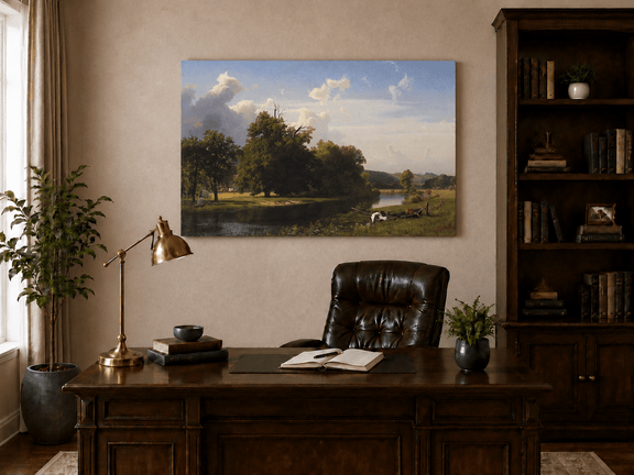 Unframed hand-painted riverside oil painting with a large oak tree, boat and distant cottage displayed above a traditional home office desk.