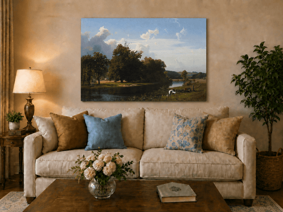Unframed hand-painted riverside oil painting with a large oak tree, boat and distant cottage displayed above a neutral living room sofa.