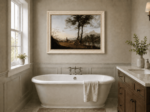 Framed hand-painted riverside path oil painting with figures, a horse and sheep displayed above a freestanding bathtub.