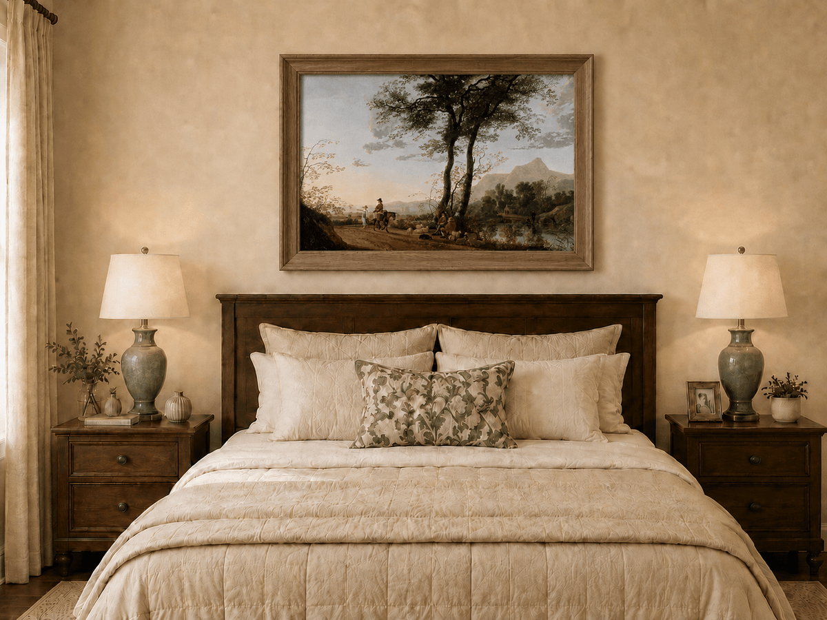 Framed hand-painted riverside path oil painting with figures, a horse and sheep displayed above a wooden bed in a neutral bedroom.