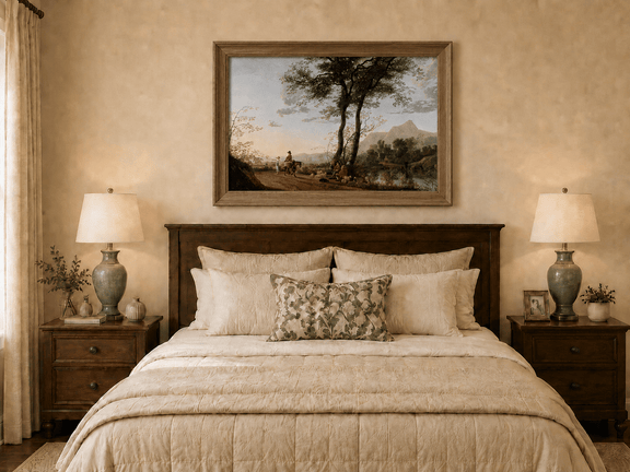Framed hand-painted riverside path oil painting with figures, a horse and sheep displayed above a wooden bed in a neutral bedroom.