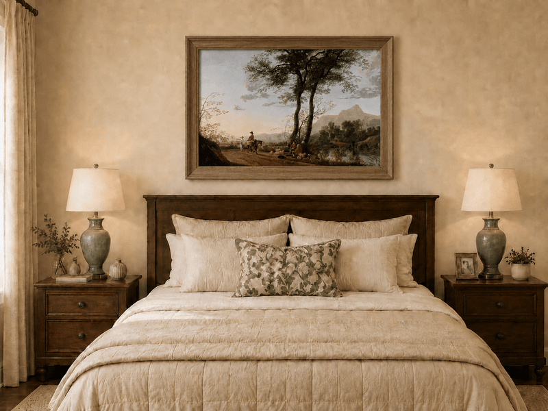 Framed hand-painted riverside path oil painting with figures, a horse and sheep displayed above a wooden bed in a neutral bedroom.