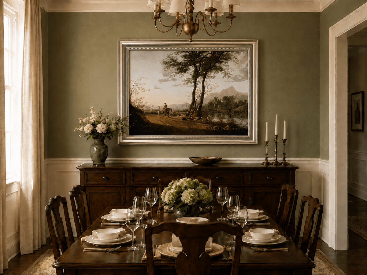 Framed hand-painted riverside path oil painting with figures, a horse and sheep displayed above a formal dining table.