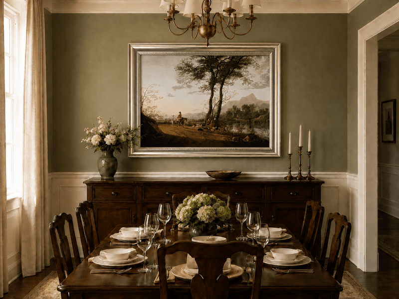 Framed hand-painted riverside path oil painting with figures, a horse and sheep displayed above a formal dining table.