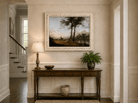 Framed hand-painted riverside path oil painting with figures, a horse and sheep displayed above an entryway console table.
