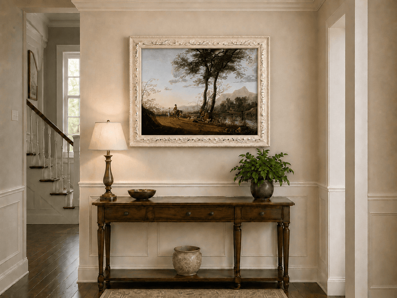 Framed hand-painted riverside path oil painting with figures, a horse and sheep displayed above an entryway console table.
